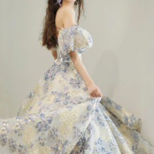Floral Jacquard Off-Shoulder Evening Gown | Puff Sleeve A-Line Formal Dress